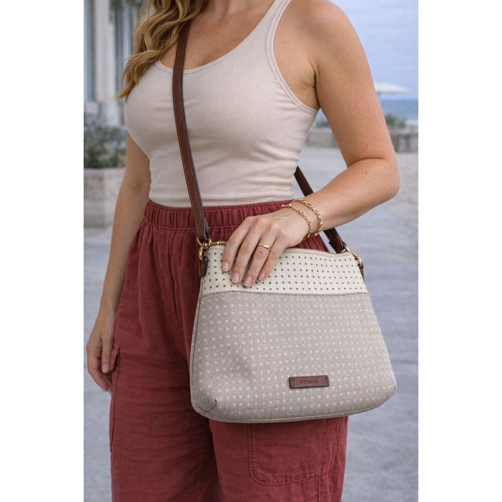Fossil Crossbody Bag Neutral Beige Canvas Leather Trim Minimal QuietLuxury Purse